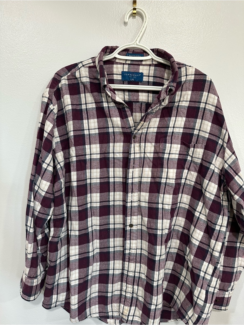 Towncraft Men’s Large Burgundy Plaid Flannel Shirt 100% Cotton Button Down